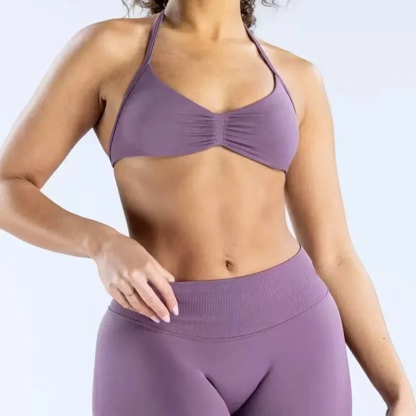 2PCS Gym Set Women Strappy Yoga Bra Top High Waist Workout Scrunch Shorts Sports Suit Seamless Yoga Set Fitness