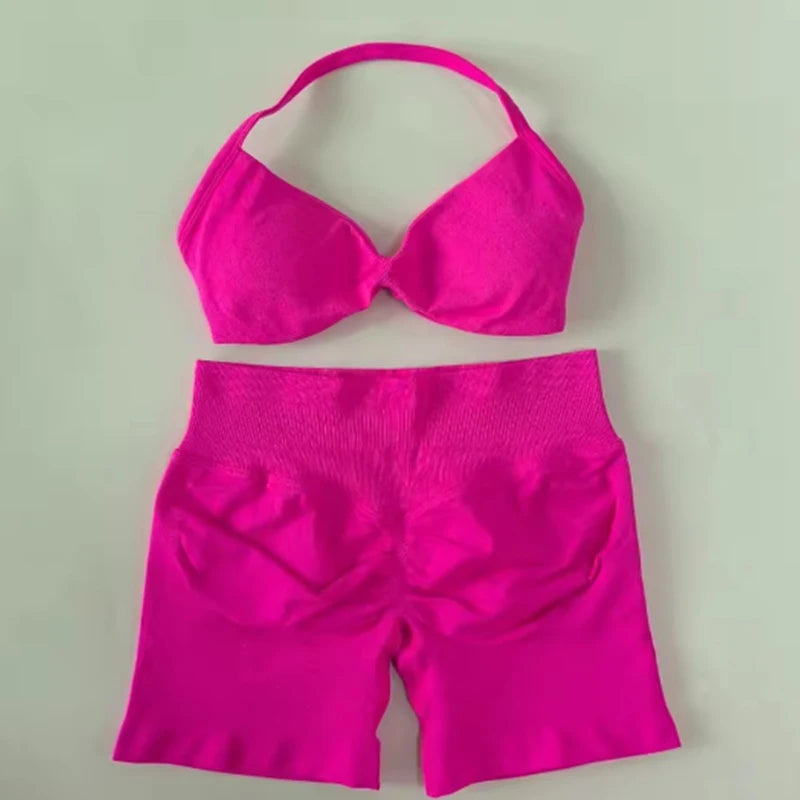 2PCS Gym Set Women Strappy Yoga Bra Top High Waist Workout Scrunch Shorts Sports Suit Seamless Yoga Set Fitness